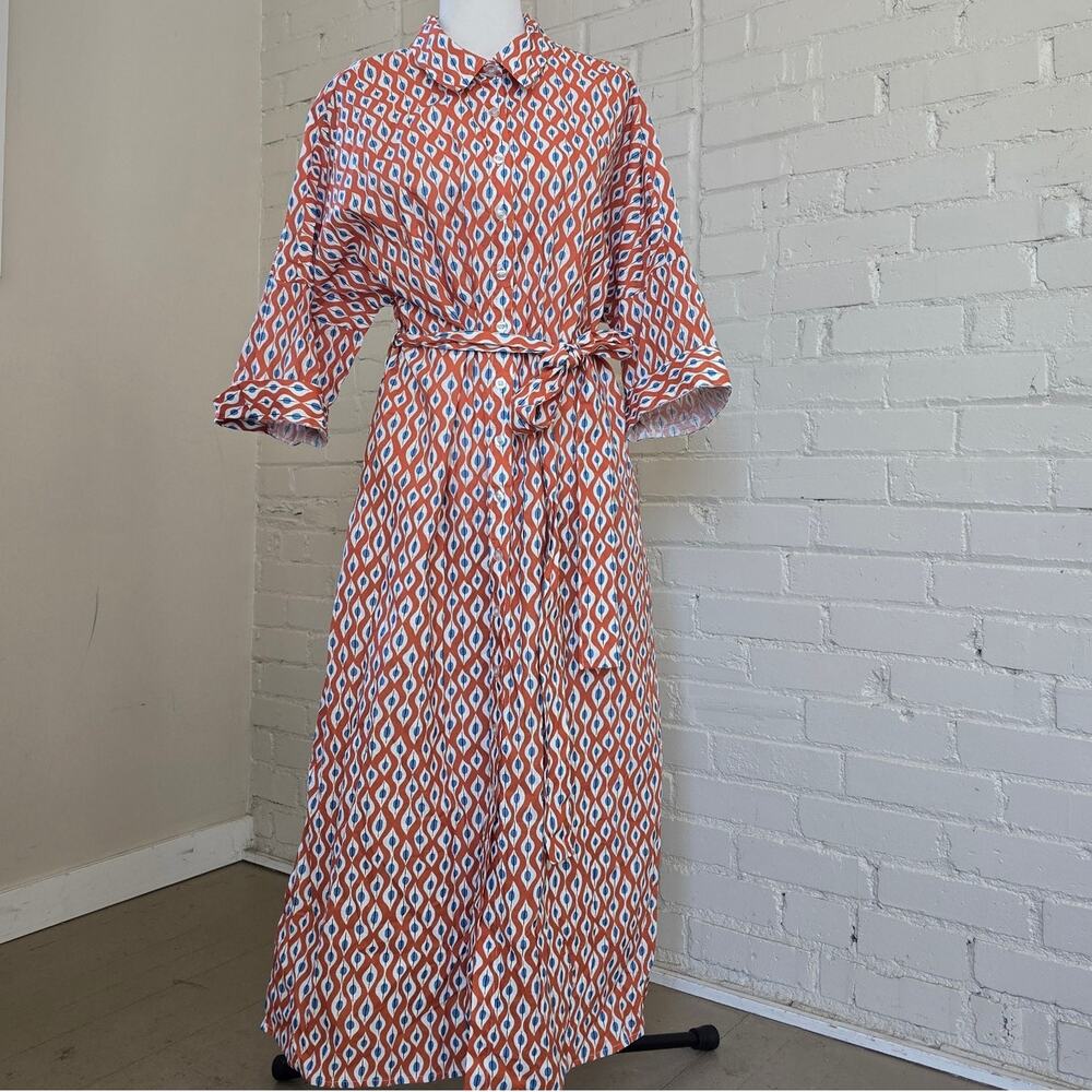 Bold Vibrant Artsy Ikat Print Cotton Maxi Shirt Dress┃Boho Orange, White & Blue